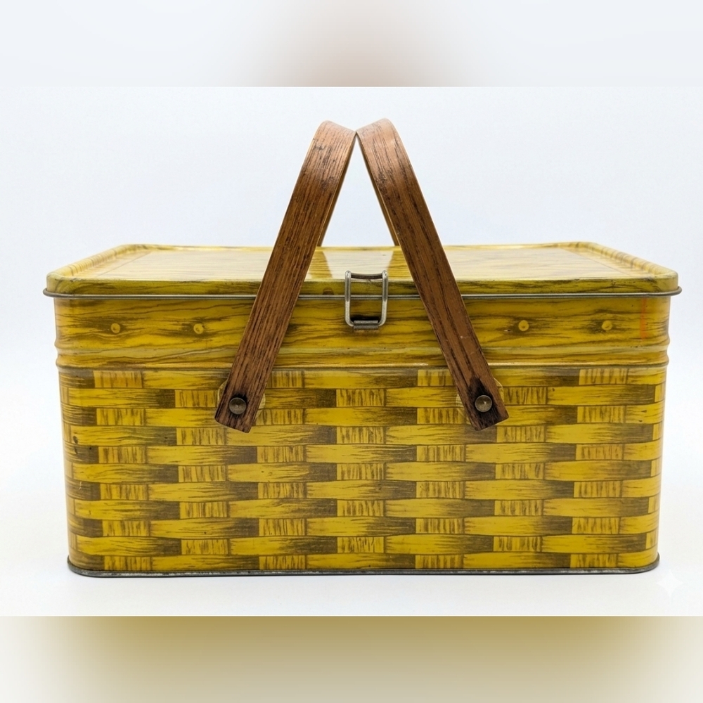 1950s Educator Picnic Basket Advertising Tin Yellow Collectible Container